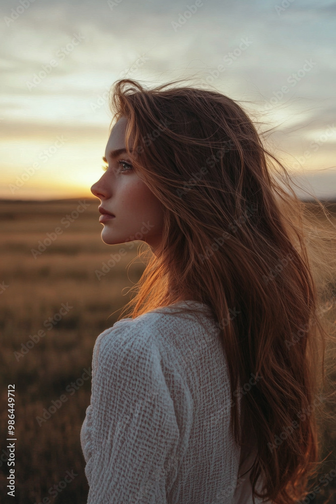 A young woman with long hair gazes into the sunset over a golden field during a serene evening A young woman with long hair gazes into the sunset over a golden field during a serene evening
