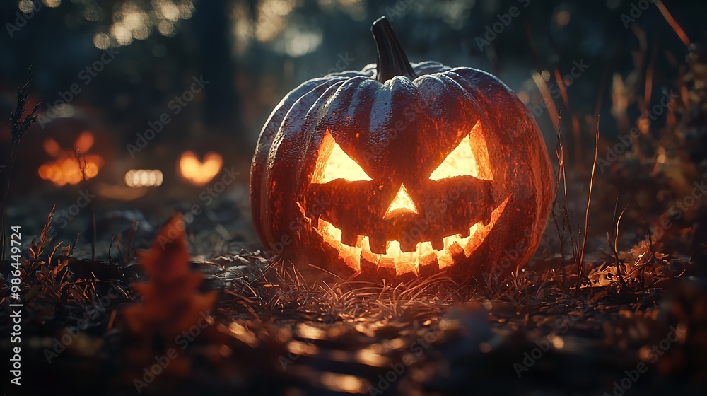 A pumpkin with a scary face is lit up by candles A pumpkin with a scary face is lit up by candles