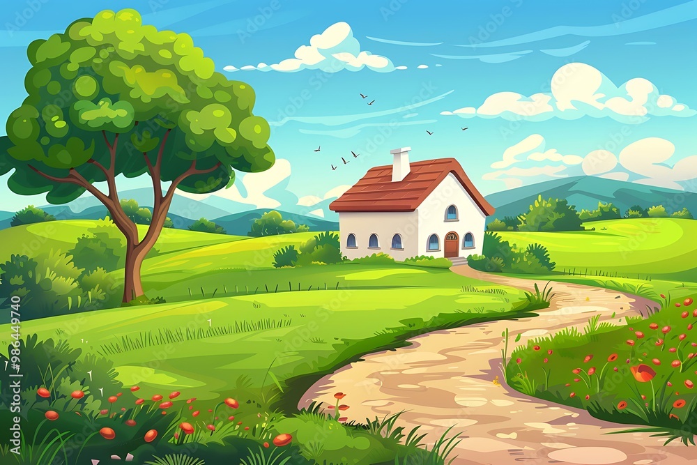 Cartoon Landscape With Green Grass, Pathway And Cute House Cartoon Landscape With Green Grass, Pathway And Cute House