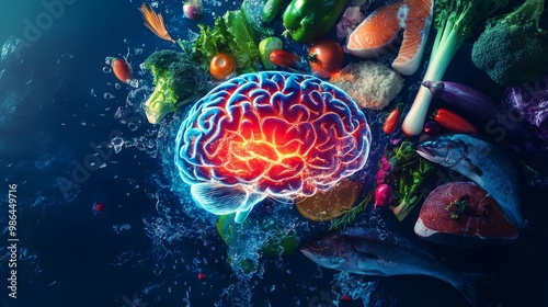 A human brain illuminated with energy, surrounded by healthy foods like vegetables and fish, symbolizing the link between diet and mental clarity photo