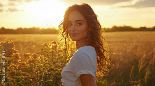 A young woman enjoying the golden sunset in a field of tall grass under a bright sky