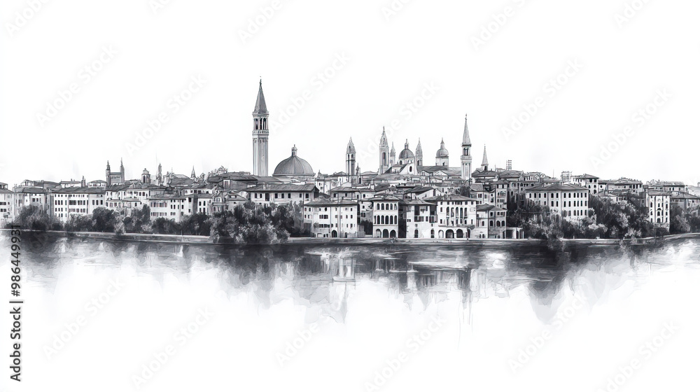 Fototapeta premium Verona, Italy, black and white pen pencil hand-drawn effect drawing illustration for travel poster, card, wallpaper, backdrop or banner. Modern, clear, artistic and simple
