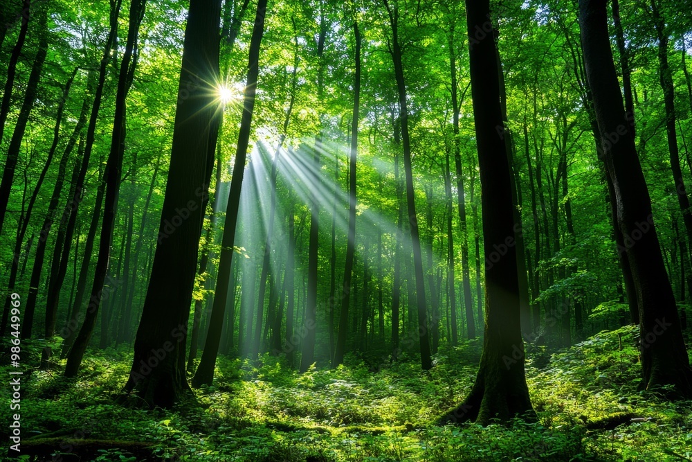 Obraz premium A forest landscape with sunlight filtering through the trees, showcasing the beauty of nature and biodiversity