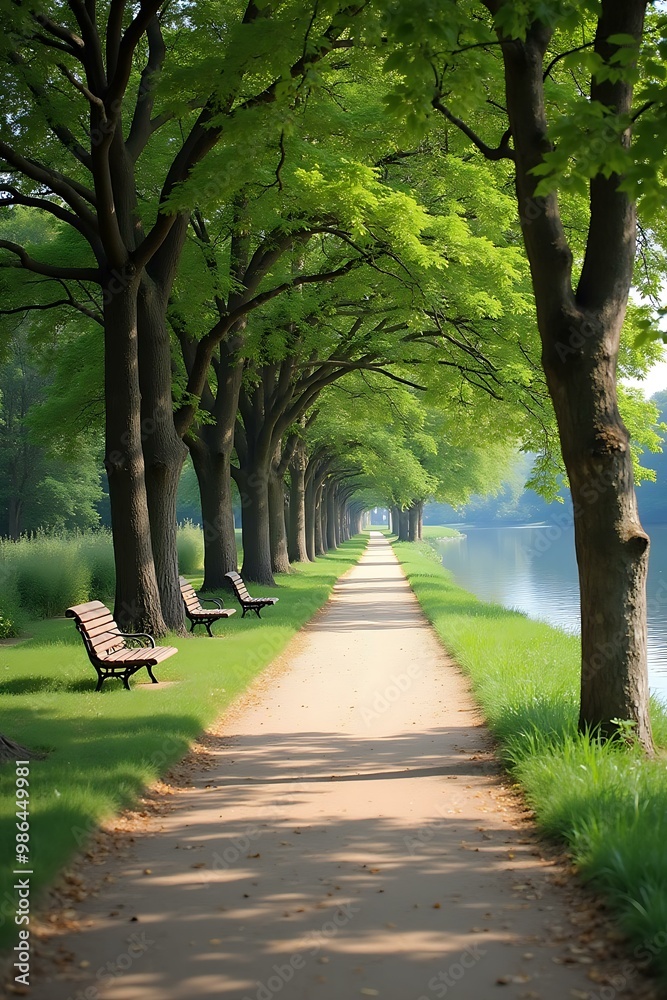 Scenic Pathway Lined with Trees and Benches Along a Tranquil River Scenic Pathway Lined with Trees and Benches Along a Tranquil River