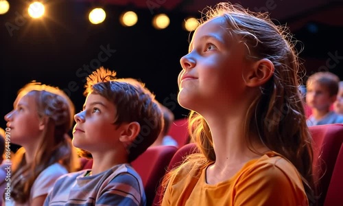 A group of children are sitting in a theater watching a play 4K Video