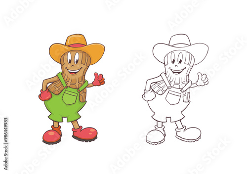 Cheerful peanut character with big red boots and farmer trousers vector illustration, colored and outlined black line art