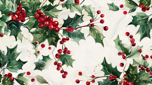 Watercolor Holly Berries and Leaves