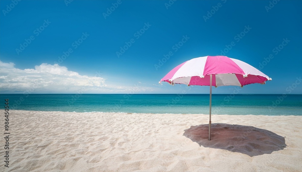A pink and white beach umbrella stands alone on a sandy beach with the ocean in the background. A pink and white beach umbrella stands alone on a sandy beach with the ocean in the background.