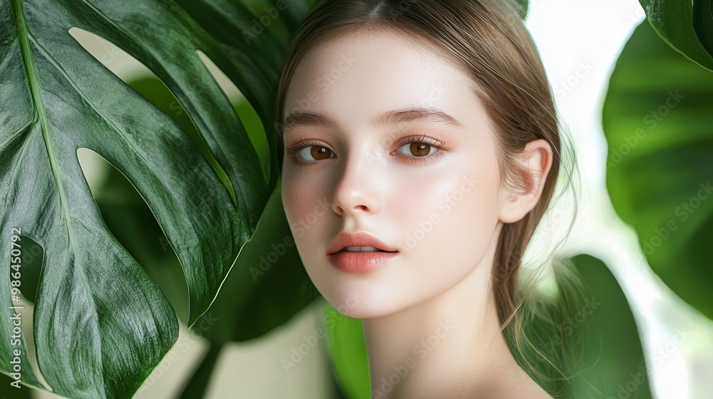 Portrait of a beautiful young girl with clean and healthy skin. Clean face of a white young girl close-up. Beautiful woman touches her face with her hand. Model with green leaves near the body. Beauty