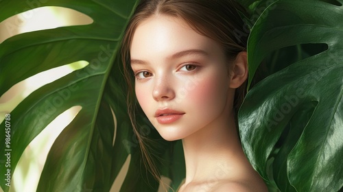 Portrait of a beautiful young girl with clean and healthy skin. Clean face of a white young girl close-up. Beautiful woman touches her face with her hand. Model with green leaves near the body. Beauty