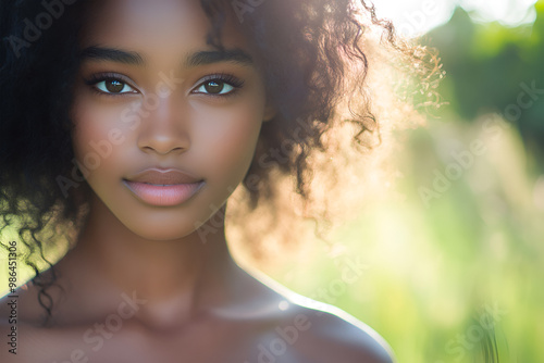 Connected with a nature. Beauty portrait of young beautiful african american woman with posing against green exotixc plants background. Natural skin care concept