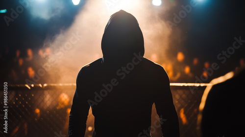 A fighter wearing a hooded robe walks toward the ring, surrounded by smoke and dramatic lighting, preparing for a high-stakes match photo