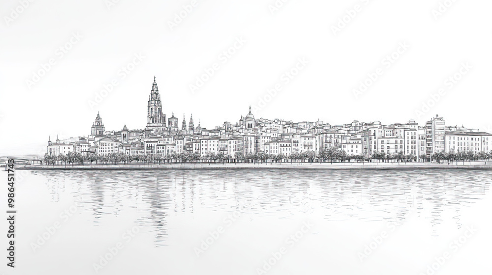 Obraz premium Vigo, Spain, black and white pen pencil hand-drawn effect drawing illustration for travel poster, card, wallpaper, backdrop or banner. Modern, clear, artistic and simple