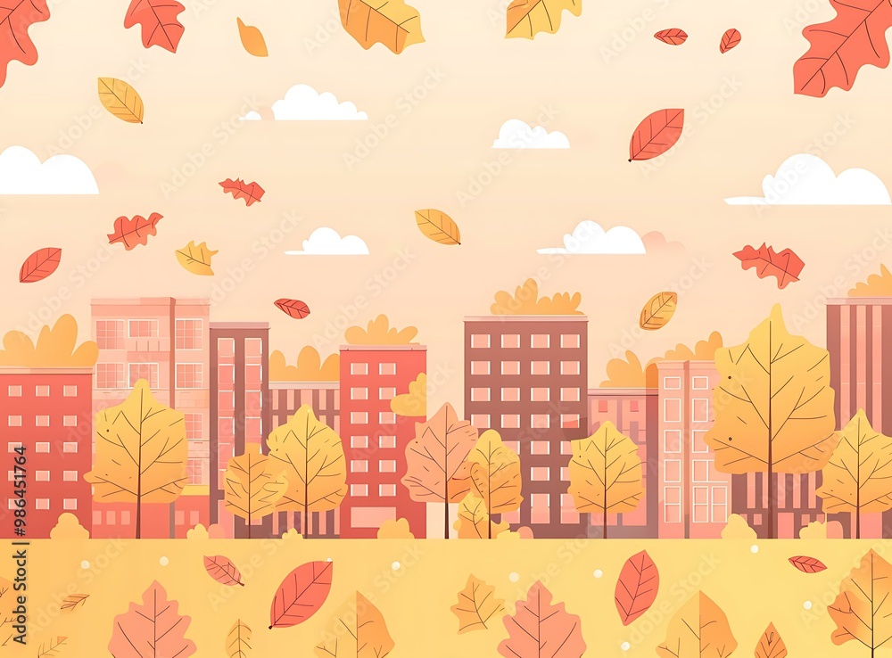 Autumn Cityscape with Falling Leaves