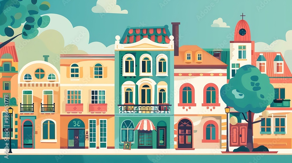 Colorful Illustrated Cityscape with Buildings and Trees Colorful Illustrated Cityscape with Buildings and Trees