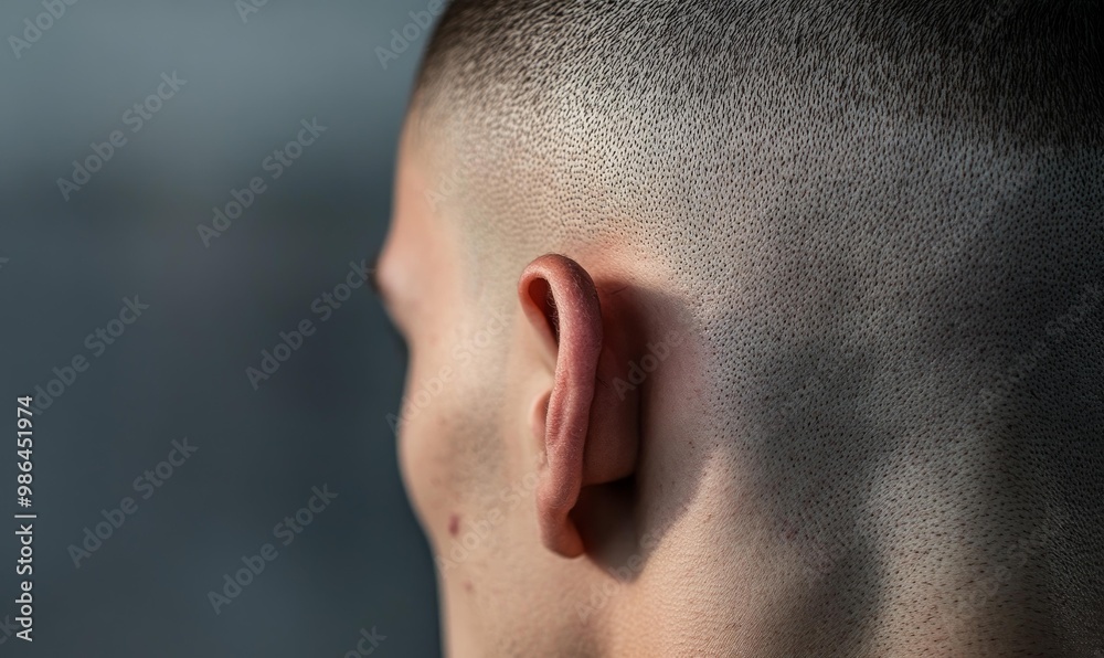 Close-up of a man's shaved head and ear. Close-up of a man's shaved head and ear.