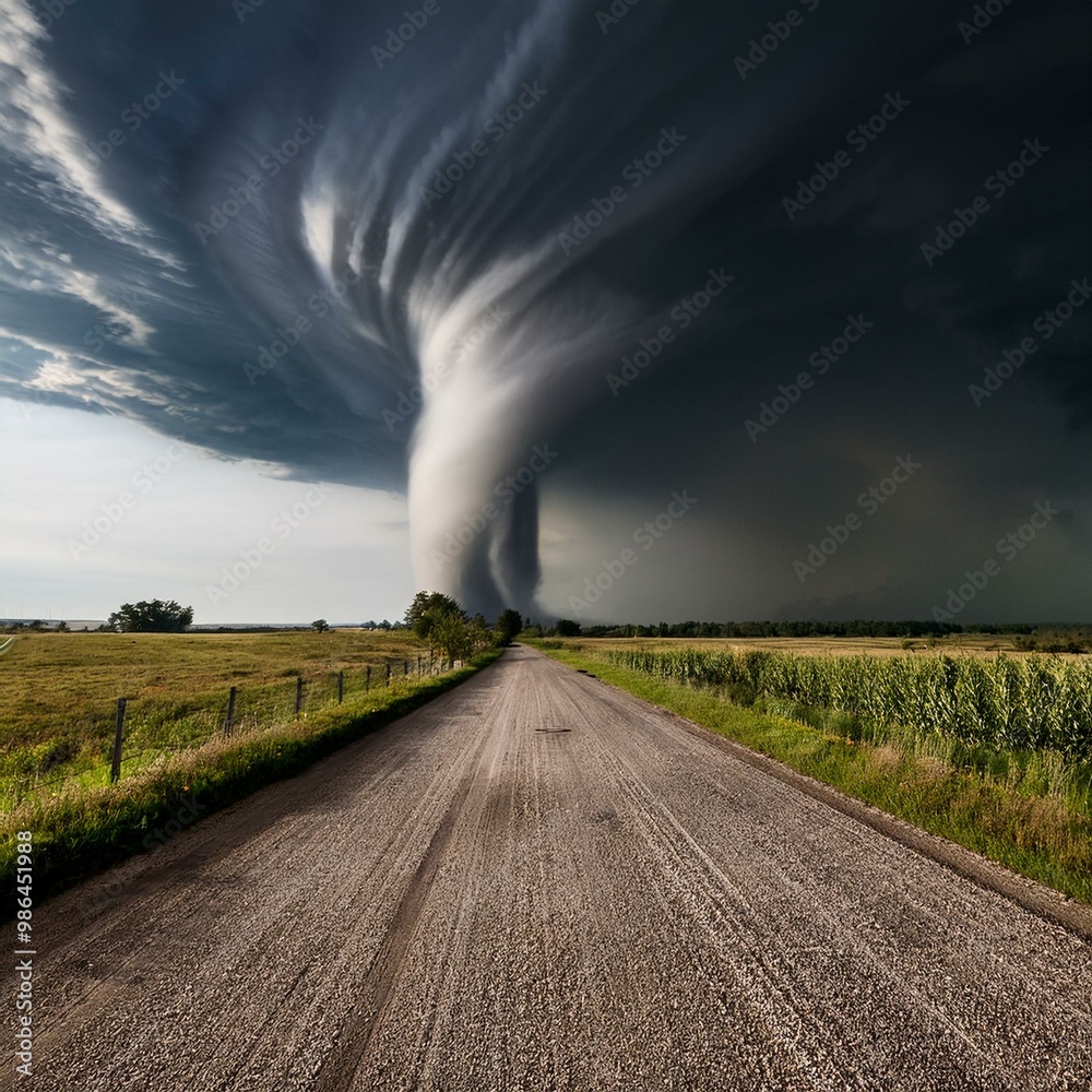 A powerful tornado approaches a rural road, creating a dramatic and ominous scene. A powerful tornado approaches a rural road, creating a dramatic and ominous scene.