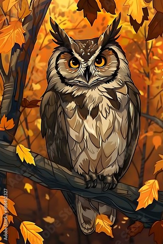 Autumn Owl Illustration with Fall Leaves