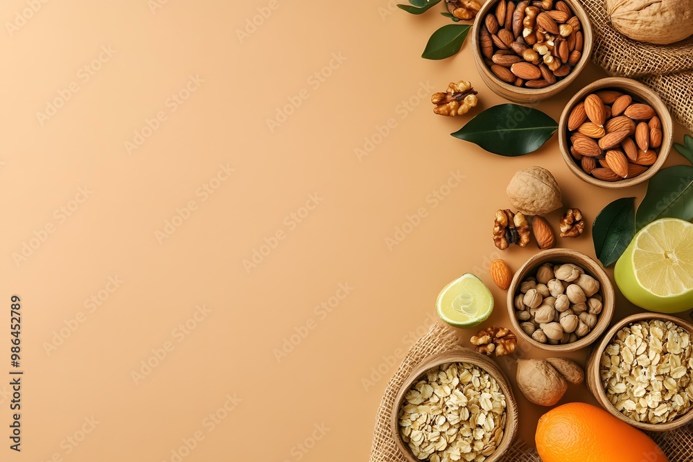 Healthy Food Background with Nuts, Oats, and Fruits Healthy Food Background with Nuts, Oats, and Fruits