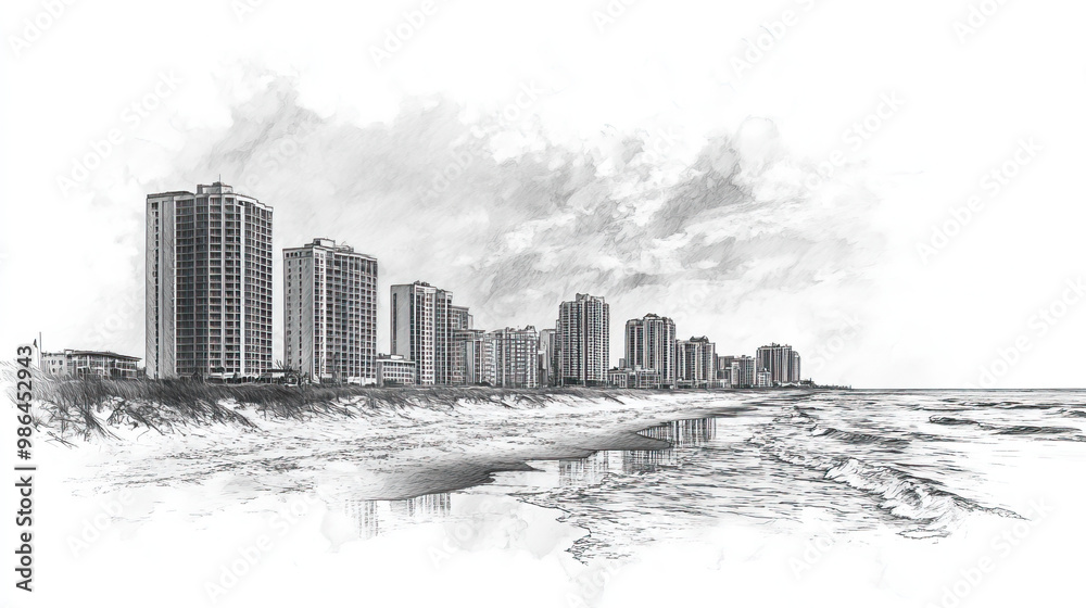 Fototapeta premium Virginia Beach, Virginia, black and white pen pencil hand-drawn effect drawing illustration for travel poster, card, wallpaper, backdrop or banner. Modern, clear, artistic and simple