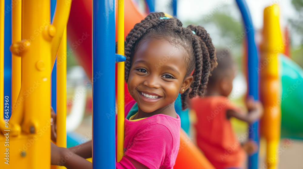 Black children happily playing together on a colorful playground, enjoying a sunny day filled with laughter and friendship