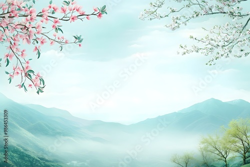 Watercolor Painting of Mountain Landscape with Blooming Trees