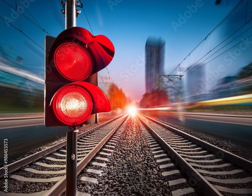 A red signal light on a railway track with blurred city lights in the background.