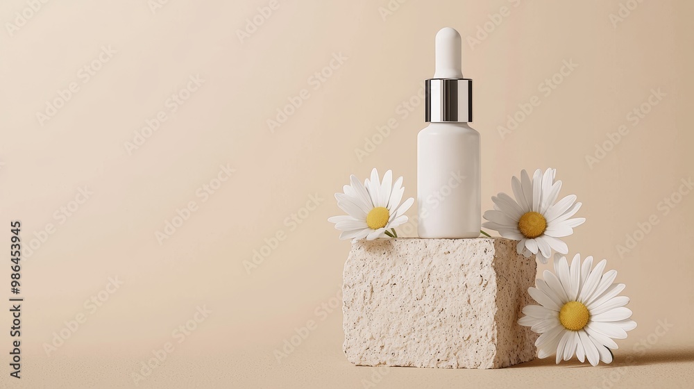 Cosmetic serum bottle on travertine stone podium. Minimal mockup background. Cosmetic serum bottle on travertine stone podium. Minimal mockup background.