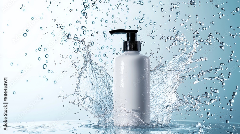 Reusable dispenser bottle on glass shelf and falling drops on blue background Reusable dispenser bottle on glass shelf and falling drops on blue background