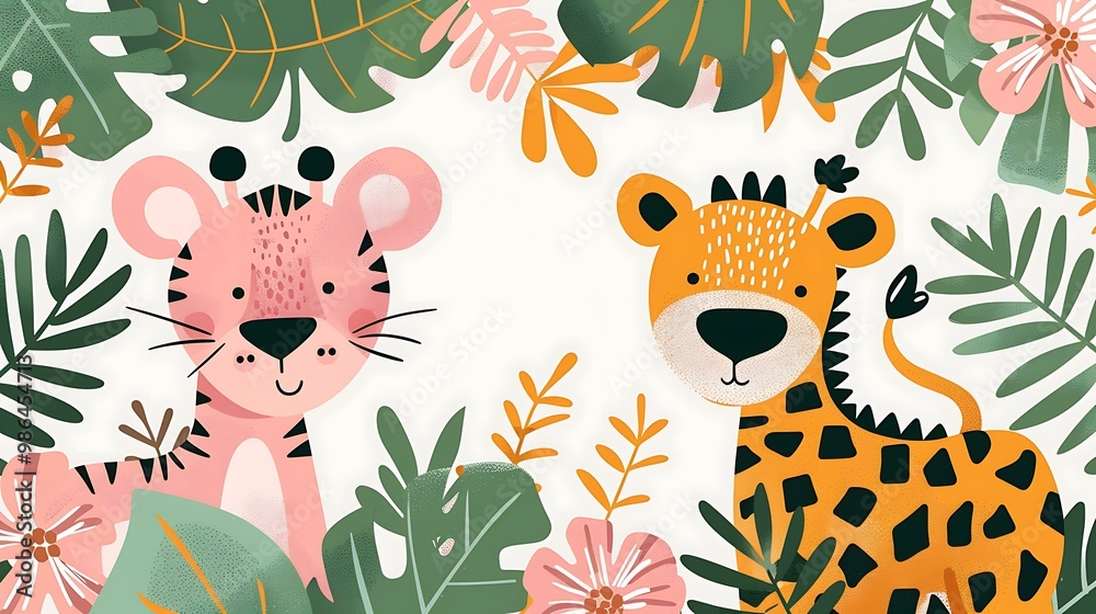 Cute Cartoon Tiger and Leopard in Jungle Illustration