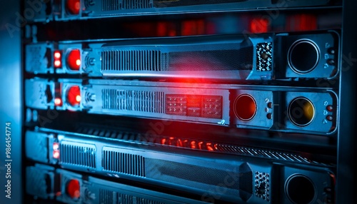 A red warning light blinks on a server rack, indicating a system error or failure.