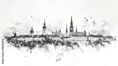 Weimar, Germany, black and white pen pencil hand-drawn effect drawing illustration for travel poster, card, wallpaper, backdrop or banner. Modern, clear, artistic and simple