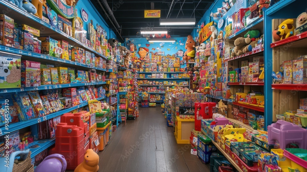 Naklejka premium Close up of a toy store with tall shelves filled with brightly colored toys. Ai generated image