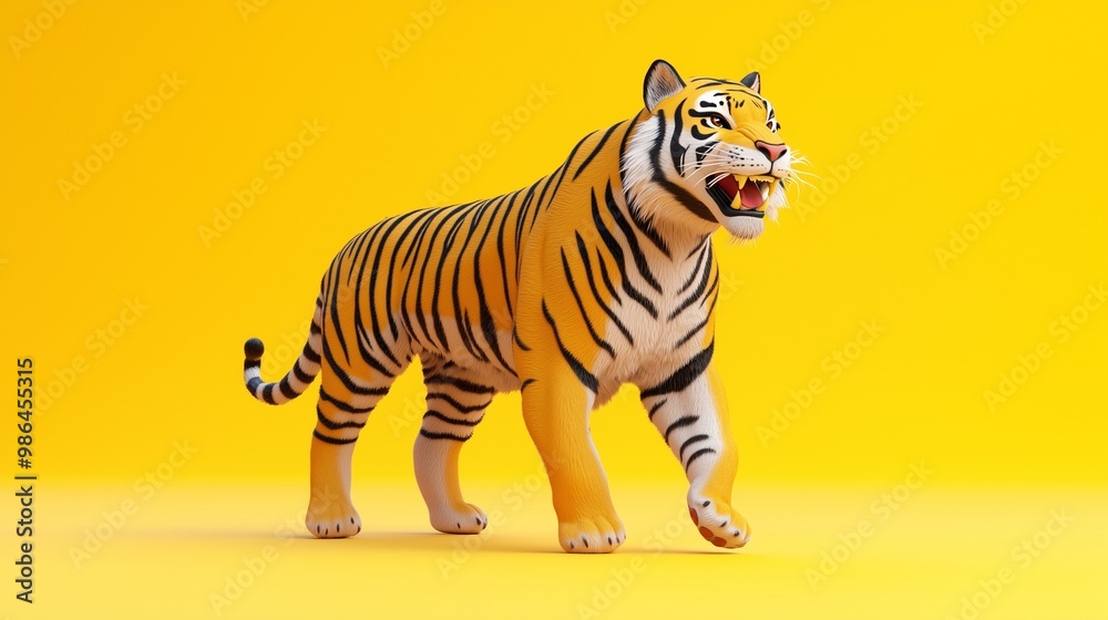 Obraz premium A vibrant orange tiger walking confidently against a bright yellow background, showcasing its majestic stripes and fierce expression.
