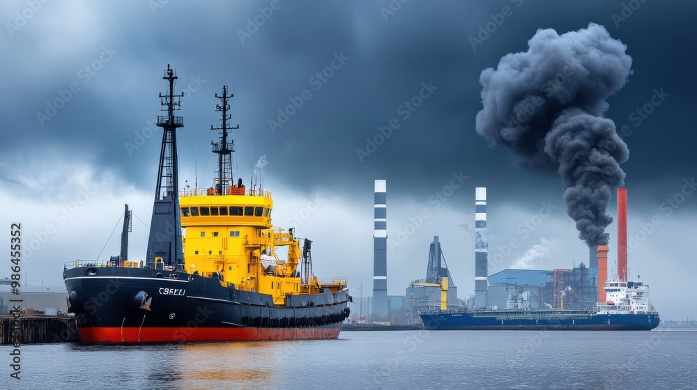 Fototapeta premium Industrial Ship Pollution with Black Smoke from Chimney