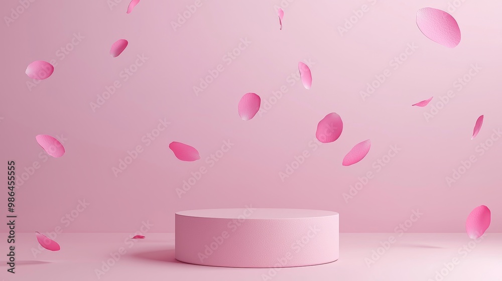 Pink product podium placement on solid background with rose petals falling. Luxury premium beauty fashion cosmetic and spa gift stand presentation. Valentine day present showcase. Pink product podium placement on solid background with rose petals falling. Luxury premium beauty fashion cosmetic and spa gift stand presentation. Valentine day present showcase.