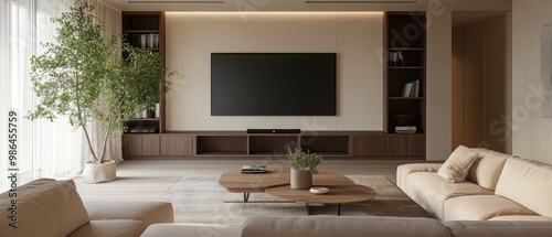 Modern Minimalist Living Room with TV Cabinet and Dining Table Generative AI
