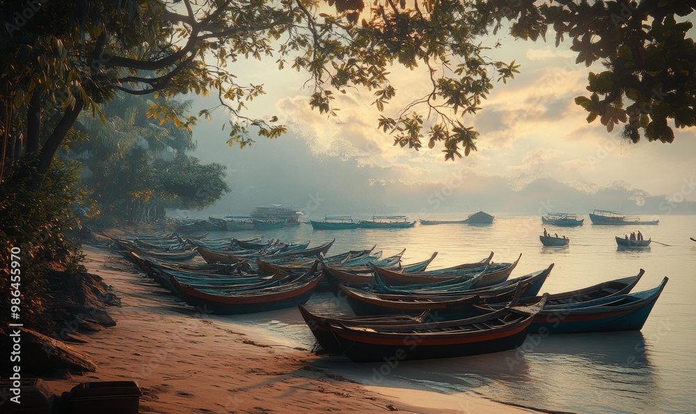 Obraz premium Sunrise over calm water with many boats.