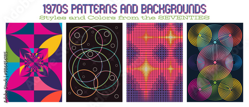 1970s Patterns and Backgrounds. Styles and Colors from the Seventies. Vintage Colorful Artworks, Vector Templates for 70s Retro Party Posters, Covers, Illustrations