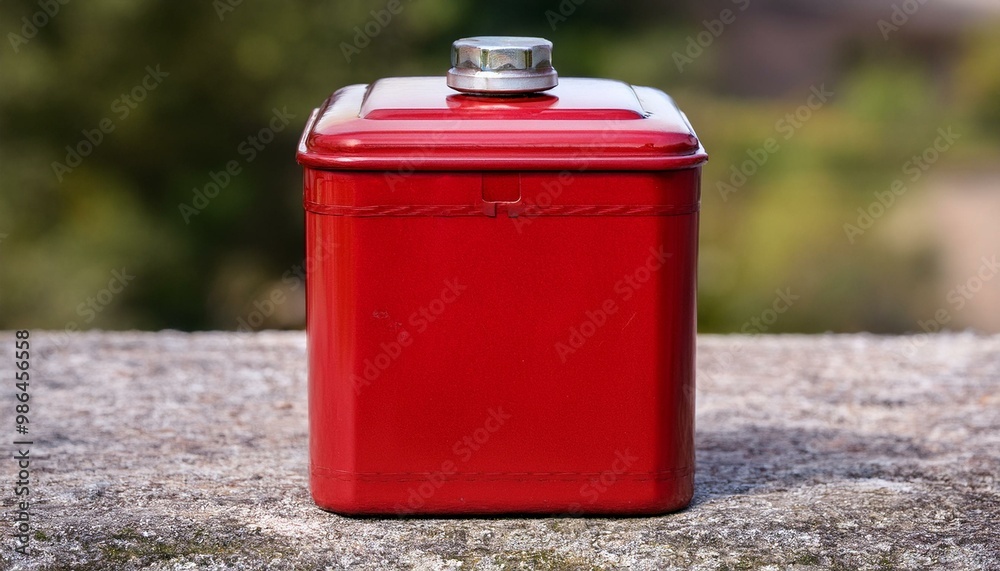 A red, square, metal container with a screw-top lid sits on a concrete surface, weathered and worn. The background is blurred and out of focus. A red, square, metal container with a screw-top lid sits on a concrete surface, weathered and worn. The background is blurred and out of focus.