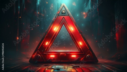 A red warning triangle with blinking lights stands on a grunge background. The triangle is a symbol of caution and danger. photo