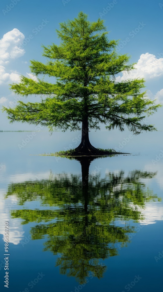 Obraz premium A stunning Bald Cypress tree stands alone mirrored perfectly in the calm water beneath