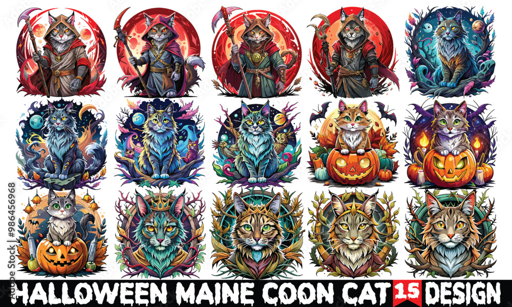 Fototapeta premium Halloween Maine Coon Cat T-Shirt Design - Hand-Drawn Lettering Phrase, Calligraphy Typography Element, Isolated on White Background, SVG Vector for Adobe Stock