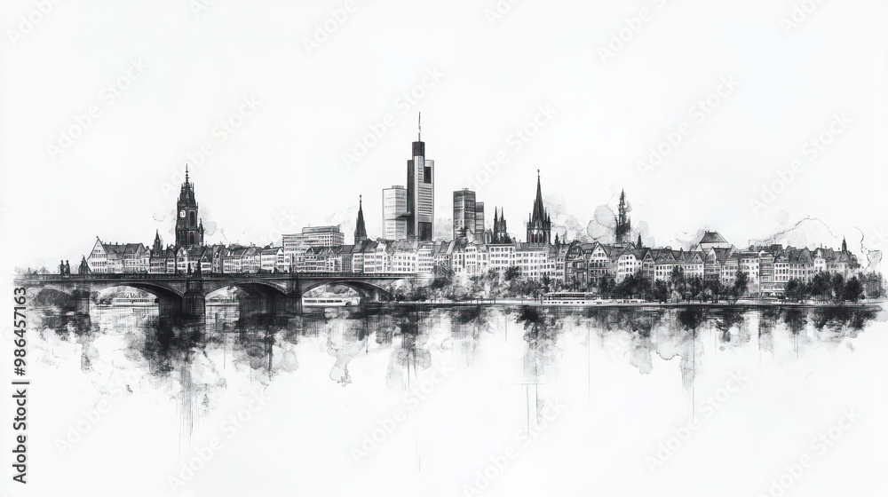Fototapeta premium Wuppertal, Germany, black and white pen pencil hand-drawn effect drawing illustration for travel poster, card, wallpaper, backdrop or banner. Modern, clear, artistic and simple