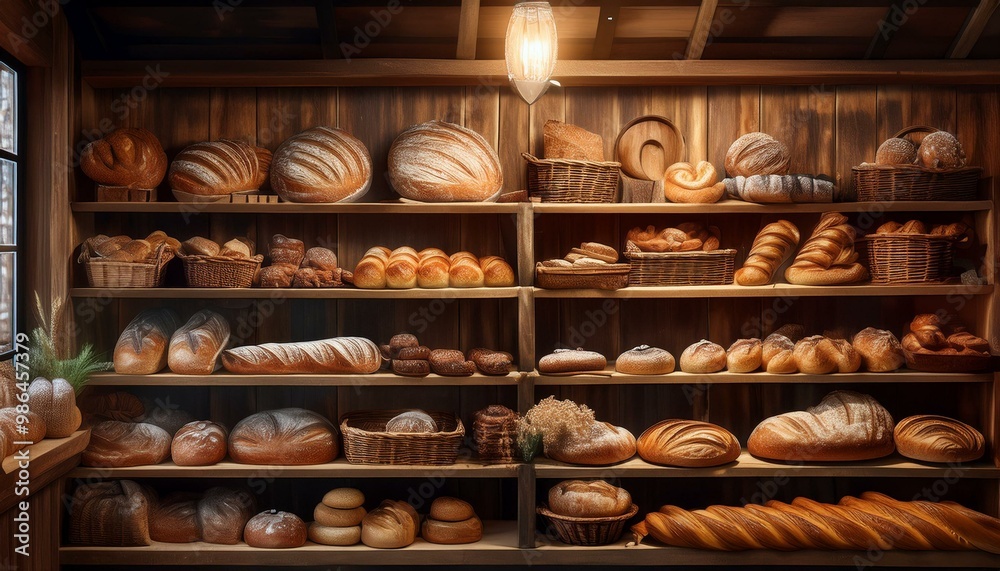 A rustic bakery filled with fresh bread, pastries, and other baked goods. The shelves are stocked high with an abundance of delicious treats. A rustic bakery filled with fresh bread, pastries, and other baked goods. The shelves are stocked high with an abundance of delicious treats.
