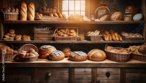 Wallpaper Mural A rustic bakery filled with fresh bread, pastries, and other baked goods. The shelves are stocked high with an abundance of delicious treats. Torontodigital.ca