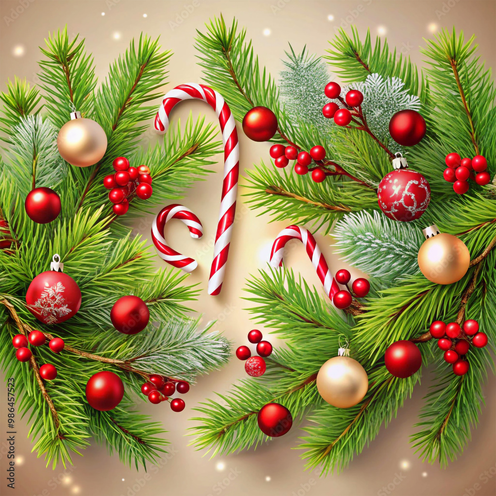 Background for Merry Christmas with a realistic garland of pine tree branches, decorated with Christmas balls, Candy Canes, red berries. Background for Merry Christmas with a realistic garland of pine tree branches, decorated with Christmas balls, Candy Canes, red berries.