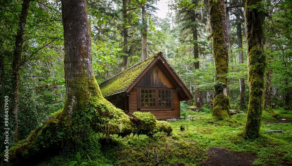 A secluded, moss-covered cabin nestled deep in a lush forest. A secluded, moss-covered cabin nestled deep in a lush forest.