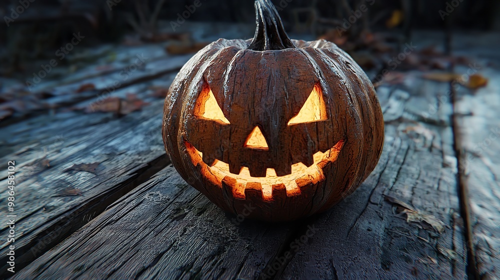 Intricate Halloween Carved Pumpkin with Flickering Candle on Wooden Porch - Realistic and Documentary Style
