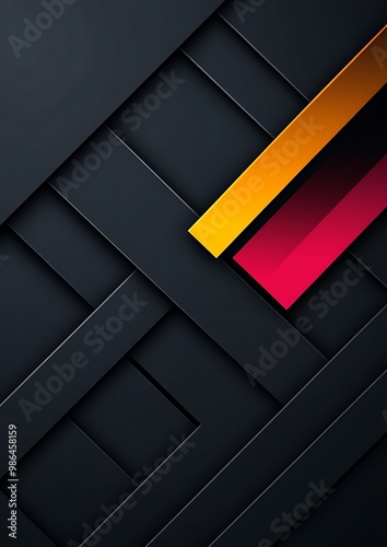 Abstract geometric background with intersecting black lines and two colorful lines in yellow and red.